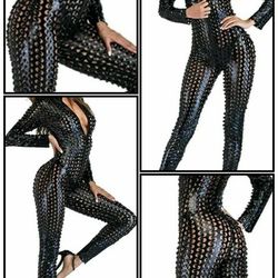 NEW METALLIC BLACK CATSUIT BODYSUIT SNAKESKIN CUTOUT STRETCHY ONE SIZE ONESIE HALLOWEEN COSTUME