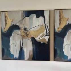 48x60 - Duo Modern Canvas Paintings (Blue, GOLD ,white) 