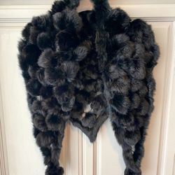 Women's Genuine Black Rabbit Fur Pom Pom Knitted Scarf Neck Warmer Shawl