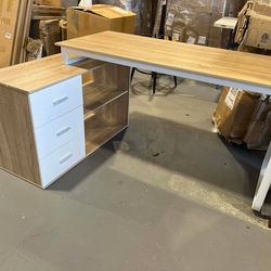 New-55.1 in. L Shaped Oak and White Wood with 3-Drawer Computer Desk Writing Desk Study Table Home Office