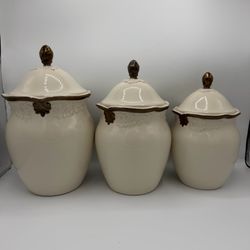 3-Piece Cream Ceramic Canister Set with Bronze Accents
