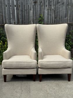 Pair of Beige Wingback Accent Chairs
