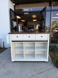 New assembled Rolling Kitchen Island with Drop Leaf, 3 storage drawers, open shelves, Power Outlet and Spice & Paper Towel Racks  47.5”x18”x38”.  (Min