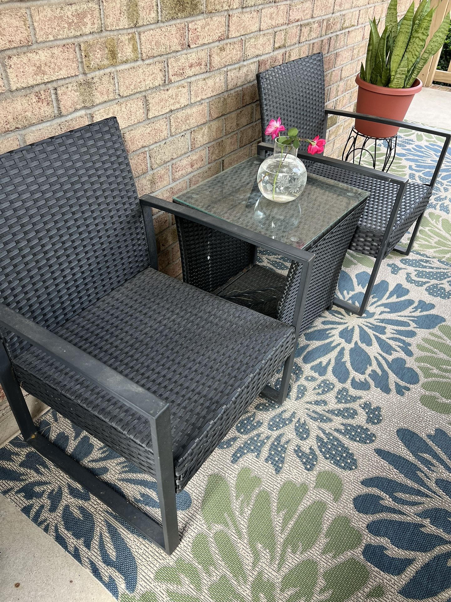 Wicker Patio Chairs And Side Storage Table With Tempered Glass Top.