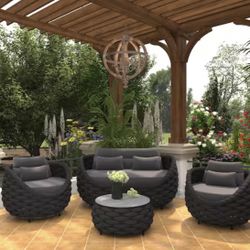 Bird's Nest 4-Piece Black Aluminum Hand-Woven Outdoor Patio Waterproof Sectional Seating Set with Dark Grey Cushions