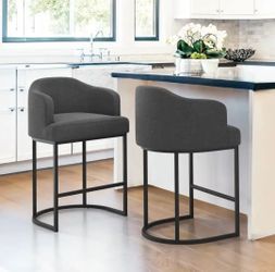 Set of 2 Charcoal Gray 26inCounter Height Fabric Upholstered Bar Stool Kitchen Island Stool With Black Metal Frame 2-pack