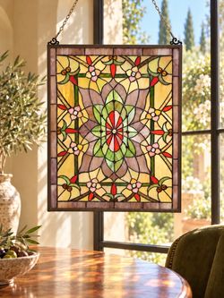 Large Like NEW Pastel STAIN GLASS Cognac Red CELERY Green Taupes FRAMED w chain