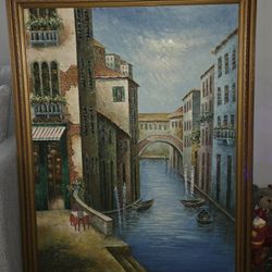 vintage oil painting on canvas depicting a Venetian canal scene
