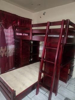 Beautiful Dark Cherry Wood Loft Bunk Bed with Desk & Storage