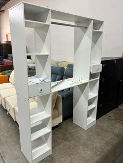 Unikito 58" W - 90" W Closet System, Large Walk in Closet Organizer with 3 Hanging Rods and Shelves, Heavy Duty Wood Closets Wardrobe with 2 Drawer **