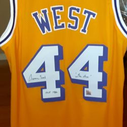 Jerry West Autographed Los Angeles Lakers  Signed Gold Jersey Superstar Greetings Authenticity 