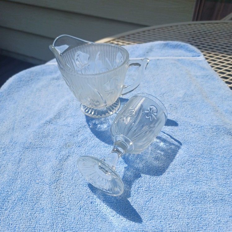 Iris And Herringbone Depression Glass Cream Pitcher And Cordial Jeannette Glass