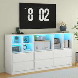 TV Stand with Power Outlet, LED Lights, 6 Drawers & 7 Open Storage Cubbies Modern Entertainment Cente, 63" TV Cabinet with Adjustable Open Storage She