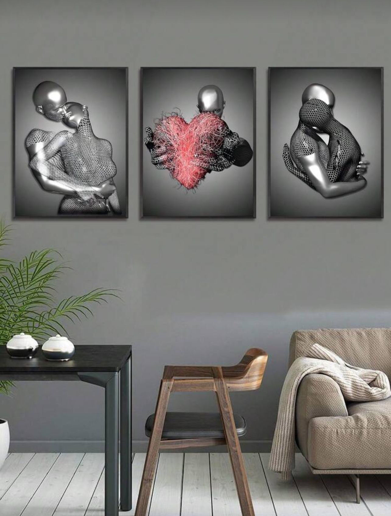 3PCS Modern Art Posters, Abstract Black And White Couple, Romantic Couple Embrace, Love Atmosphere Art Canvas Oil Painting Posters
