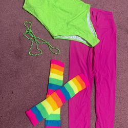 New Medium 80s Neon Pink green Costume Outfit Festival Rave Bodysuit One Piece Swimsuit accessories leotard Workout 