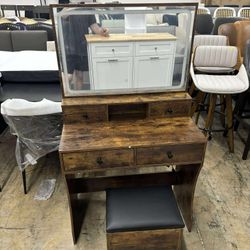 LIKIMIO Vanity Desk, Bedroom Makeup Table with 4 Drawers,Storage Stool, Vintage Brown