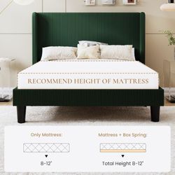 Full Size Corduroy Upholstered Platform Bed Frame with Vertical Channel Tufted Wingback Headboard, 8" Under Bed Storage, Wooden Slats & Metal Frame Su