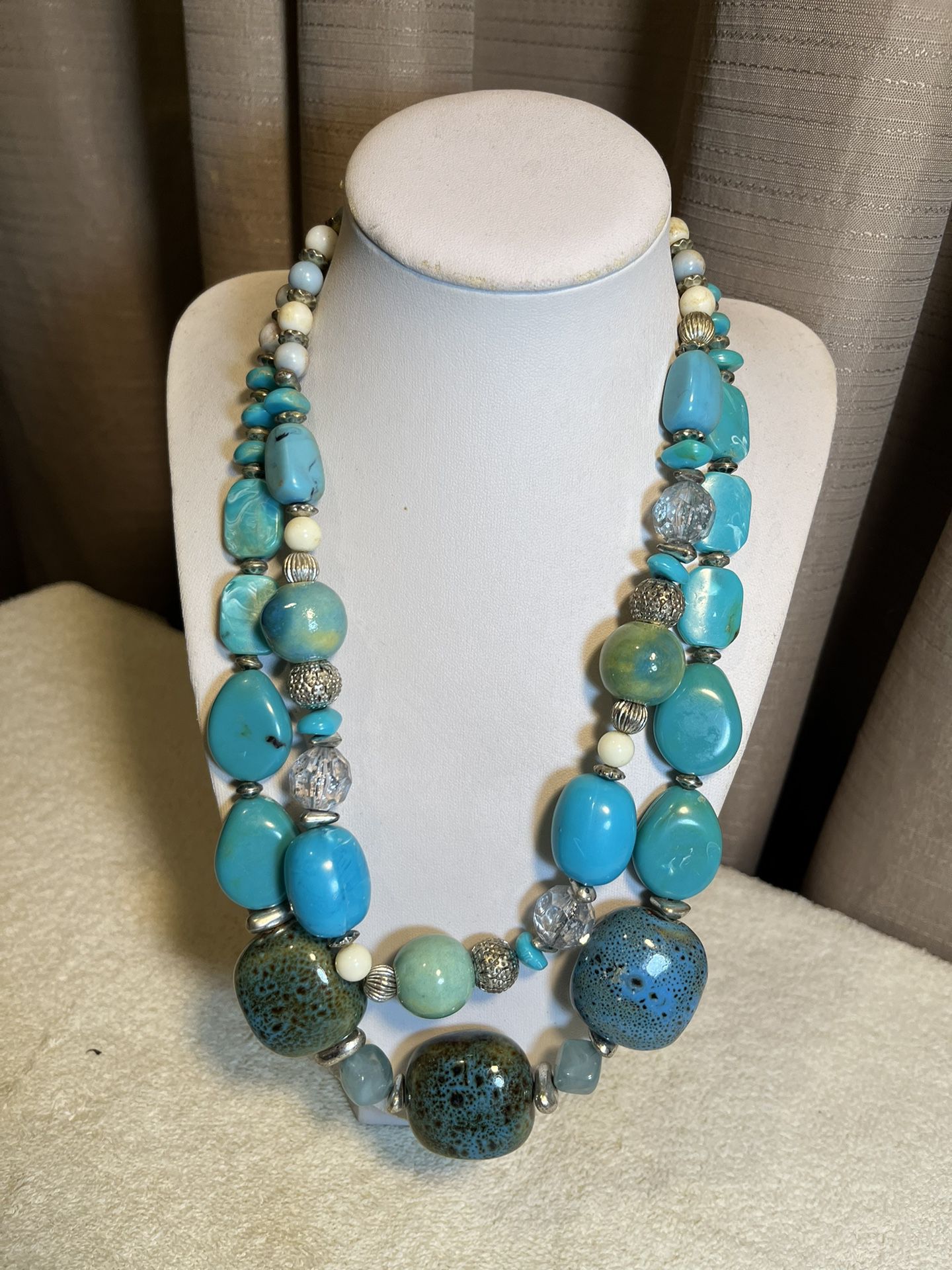 Silver Tone Faux Turquoise & Jade 2 Strand Necklace