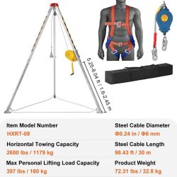 Confined Space Tripod Kit, Confined Space Tripod 8' Legs and 98' Cable, Confined Space Rescue Tripod 32.8' Fall Protection, 2600 lbs Winch, Harness, S