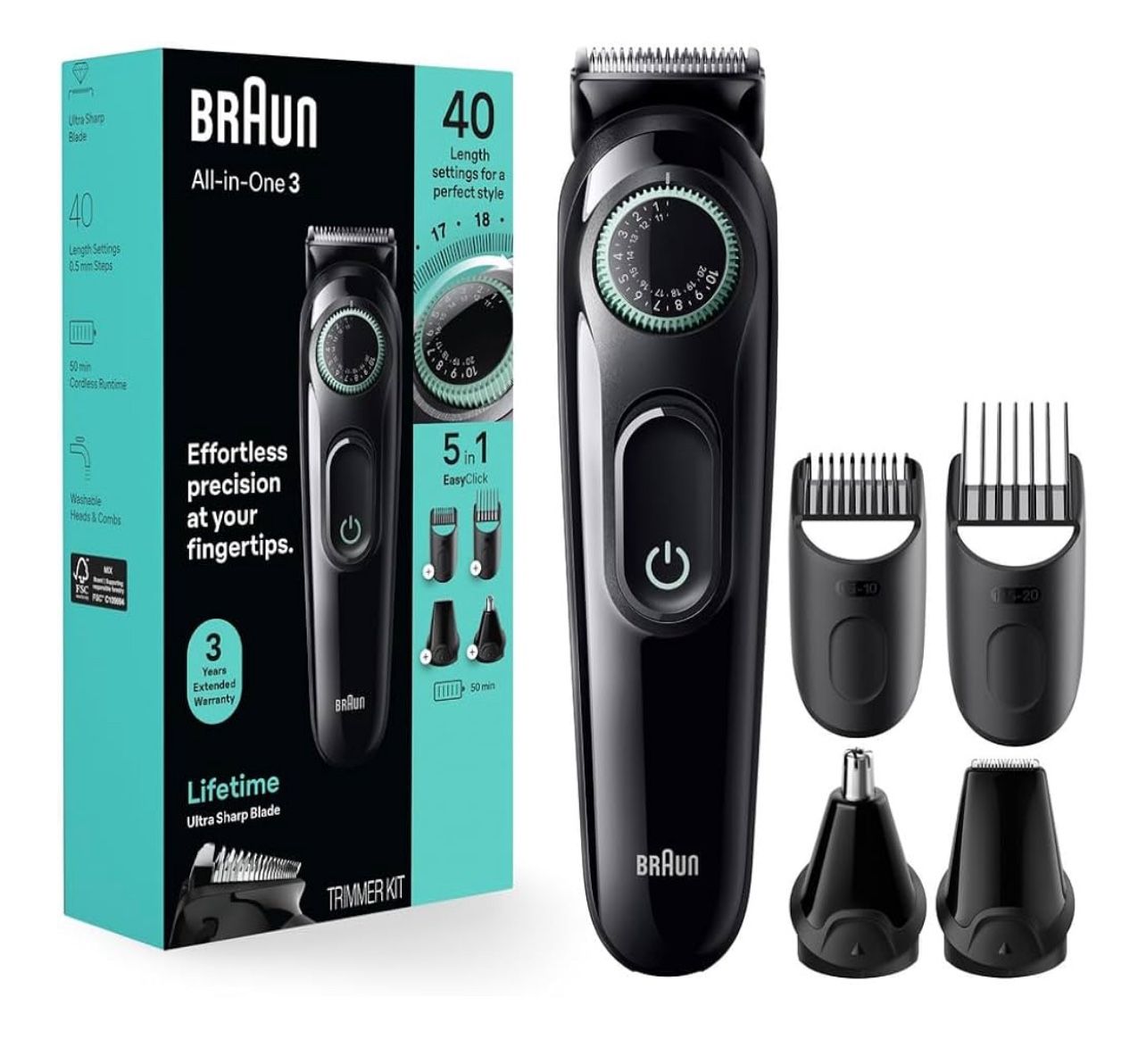 Braun All-In-One Style Kit Series 3 3450, 5-in-1 Trimmer for Men with Beard Trimmer, Ear & Nose Trimmer, Hair Clippers & More, Ultra-Sharp Blade, 40 L
