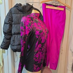Ski outfit OBERMEYER fuscha pants, black puffer jacket & fuschia  topnts