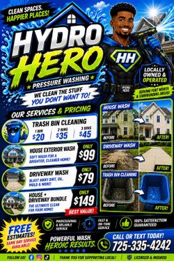 Cleaning, trash bins, drive ways, side walks, exterior houses.