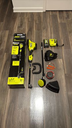 RYOBI 40V HP Brushless Whisper Series 17 in. Cordless Attachment Capable String Trimmer with 4 Ah Battery and Charger