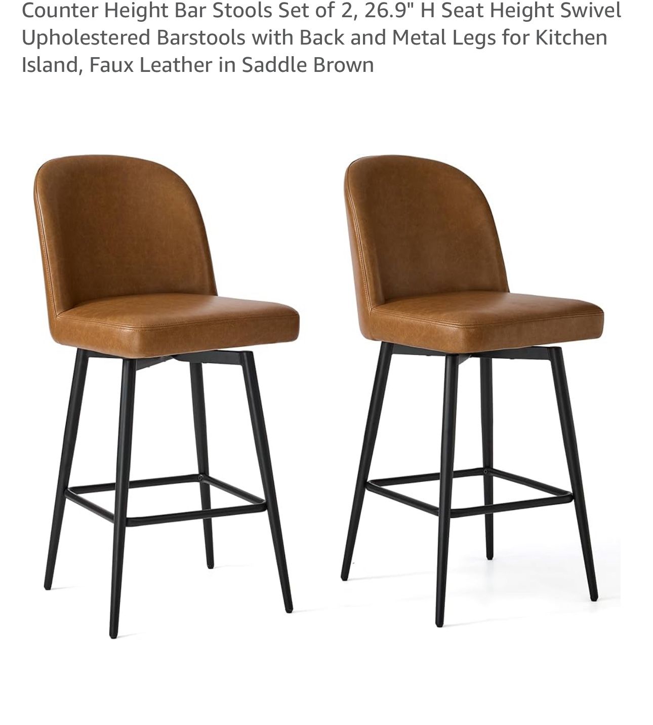 Counter Height Bar Stools Set of 2, 26.9" H Seat Height Swivel Upholestered Barstools with Back and Metal Legs for Kitchen Island, Faux Leather in Sad