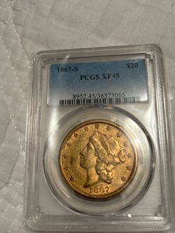 1867 s $20 liberty xf45 low mintage gold coin pcgs