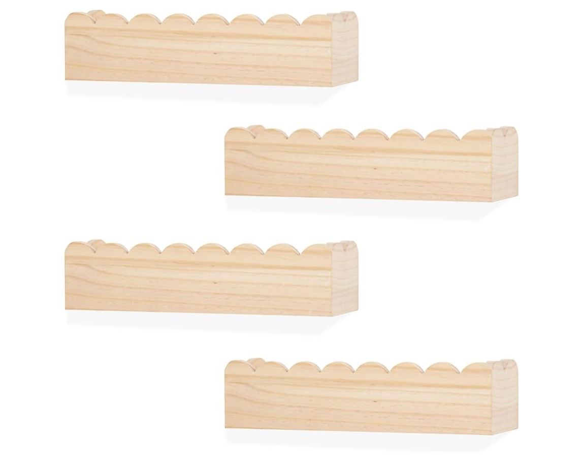 4 Pack Scalloped Pine Natural Wood Floating Shelves for Wall, Storage Decor Organizer Wall Mounted