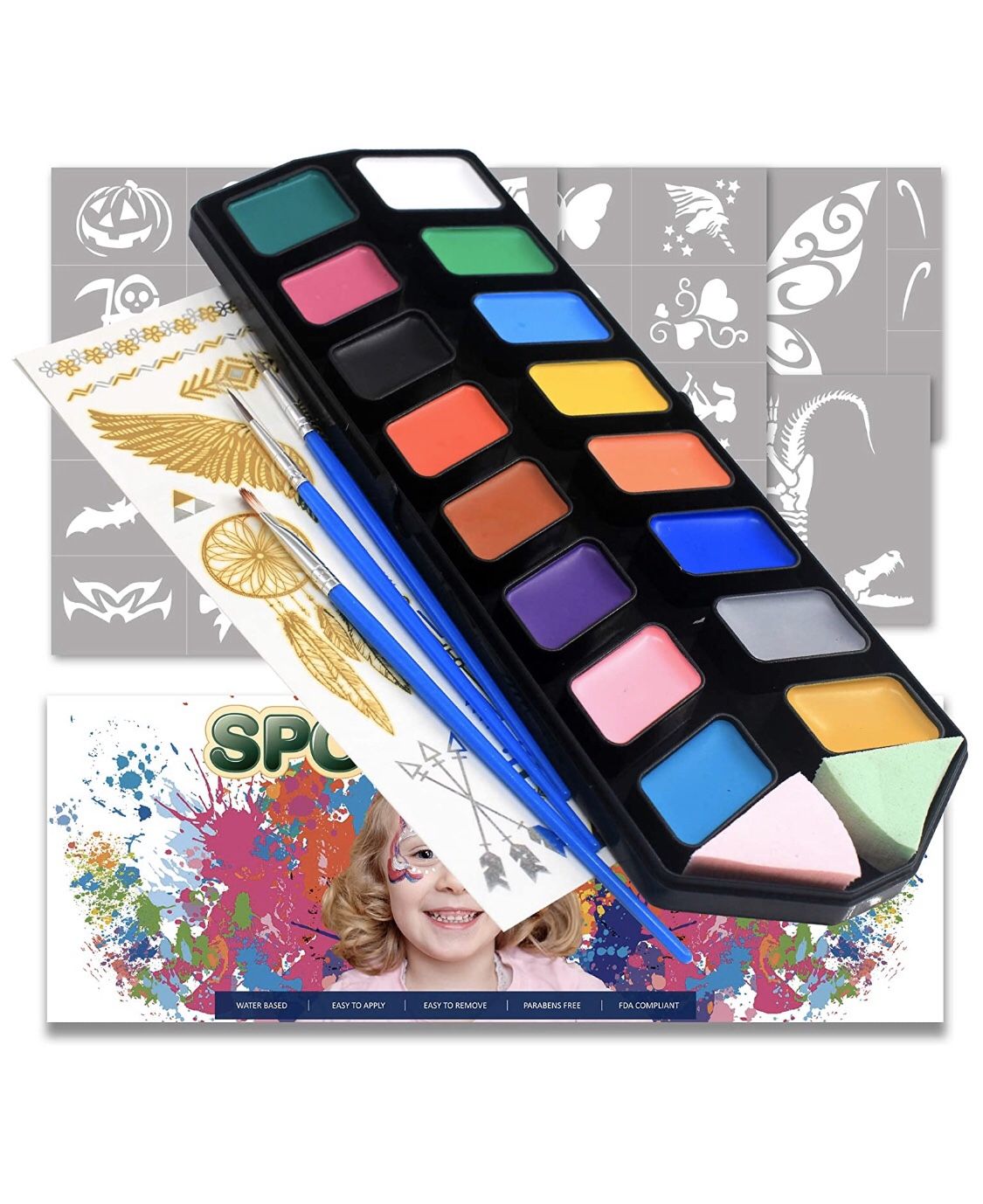 Brand new! Professional Face Paint Kit for kids, FDA Compliant,Safe and None Toxic,Brushes+Stencils+Tattoo Stickers - Classic 16 colors