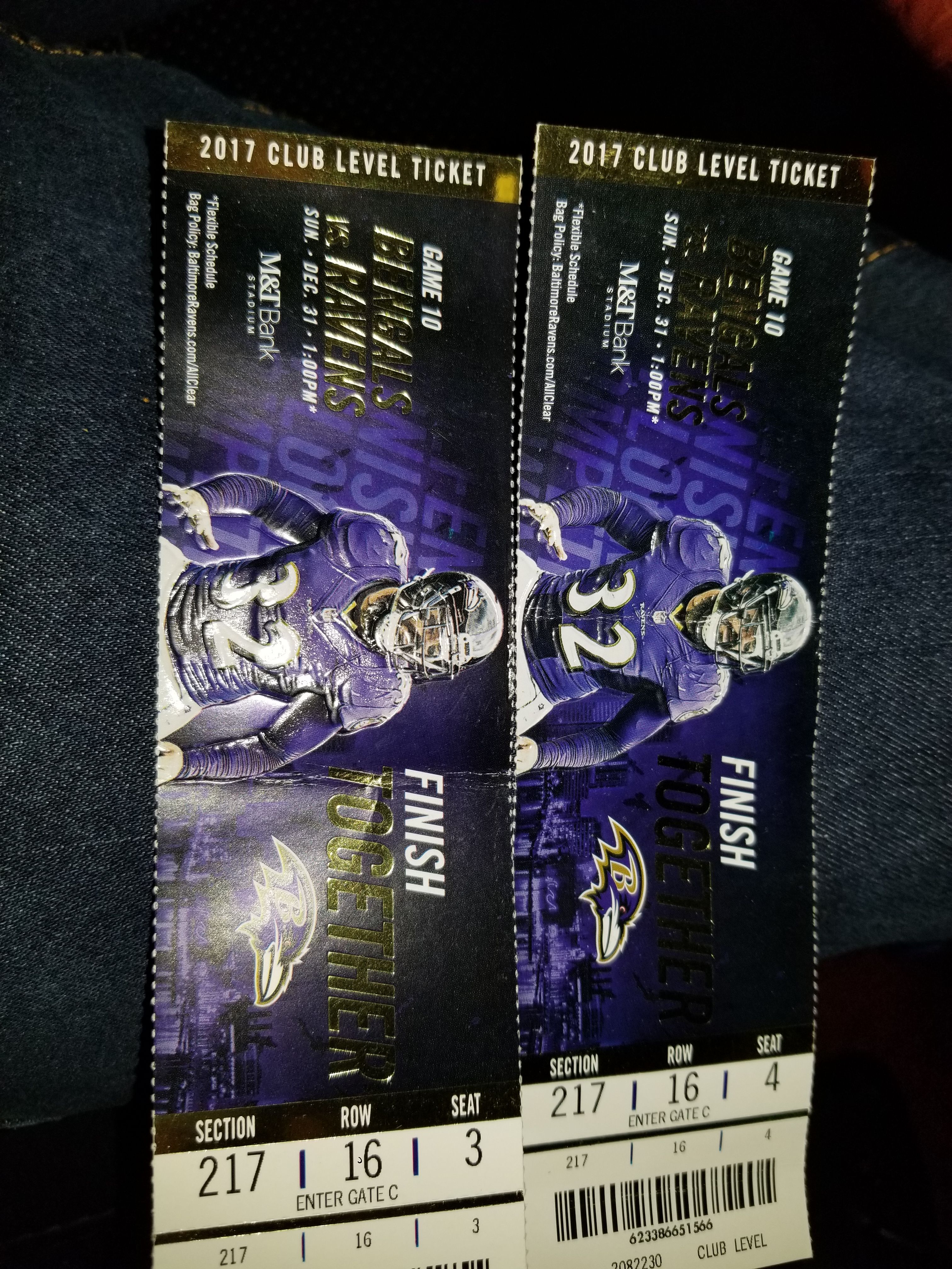 RAVENS VS. BENGALS 12/31/2017!!!! $$225.00. CLUB SEATS