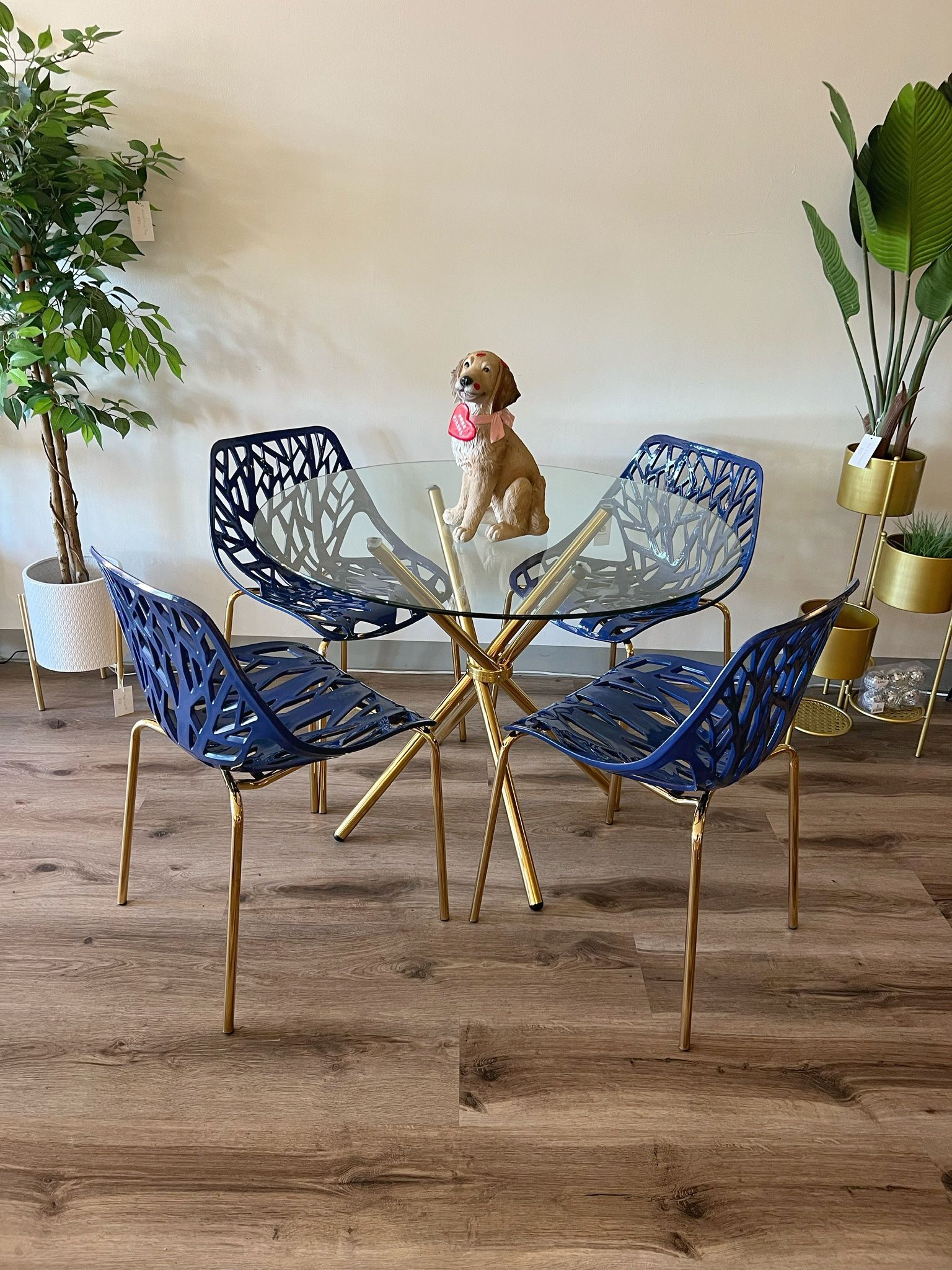 Navy Blue Gold Glass Boho Aesthetic Dining Table Set