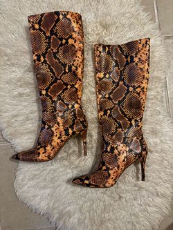 Snake Print Stiletto Knee-High Boots