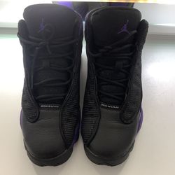Jordan 13 black purple trainers.