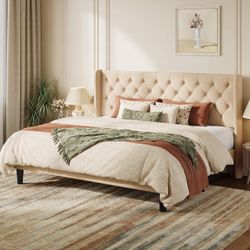 SHA CERLIN King Upholstered Bed Frame, Button Tufted Design, Beige 、