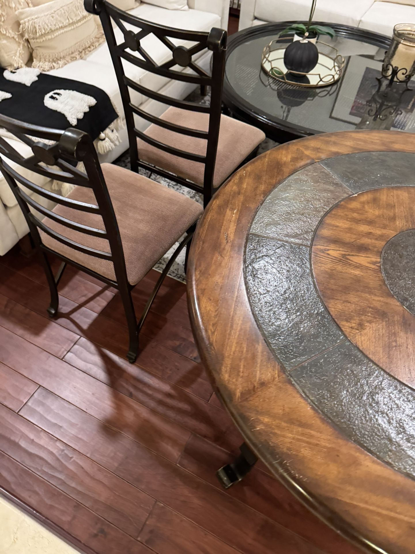 Table Chairs And Metal And Wood Inlay Stone Top Restoration Hardware