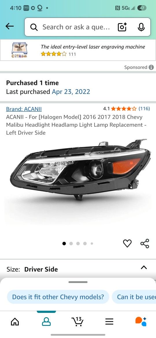 2016 2017 2018 Chevy Malibu Headlight Headlamp Light Lamp Replacement - Left Driver Side