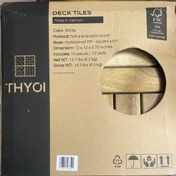 😀 10 Pcs Deck Tiles, Patio Flooring - Outdoor Waterproof Acacia Wood Tiles for All Weather Use - Balcony, Backyard, Indoor & Outdoor, White Striped