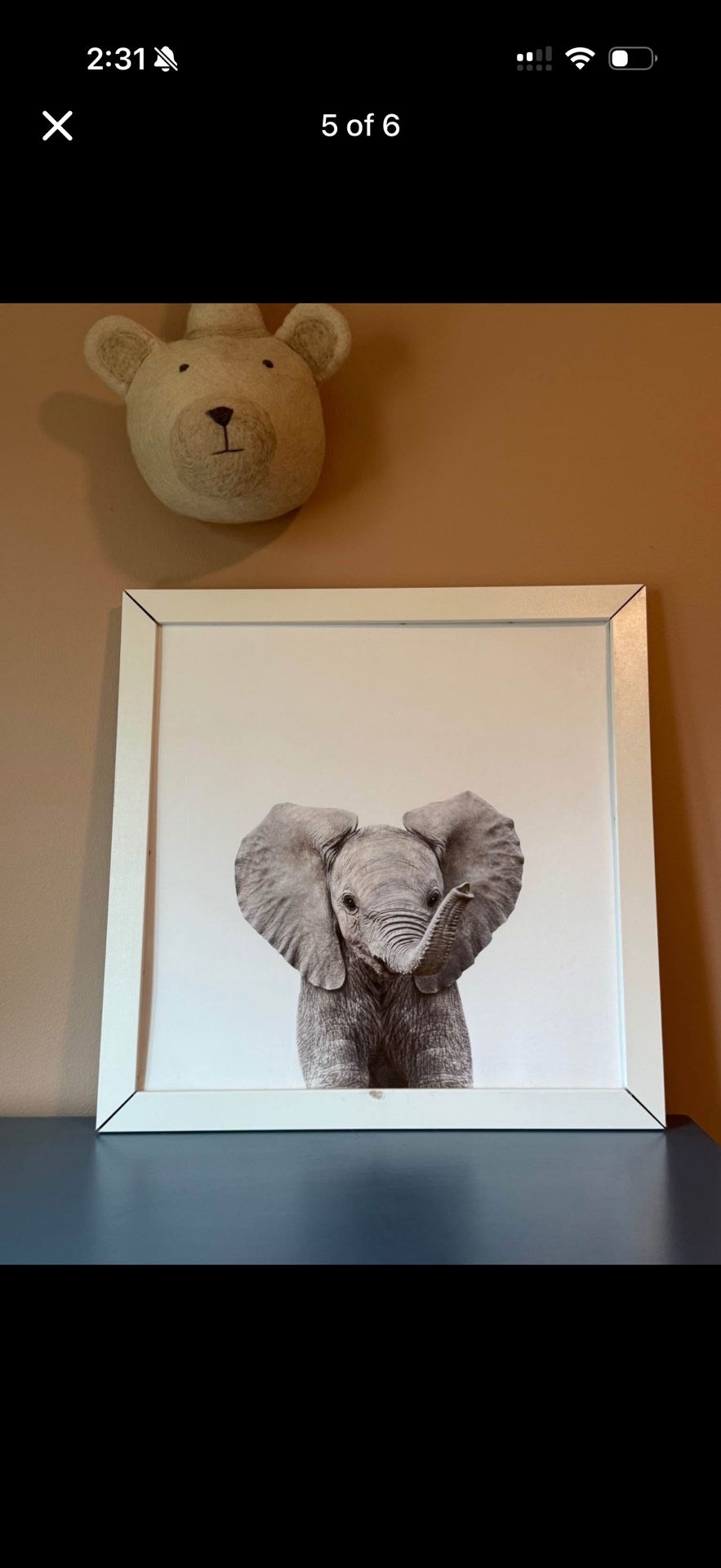 Crate & Kids Baby Elephant White Wood Framed Wall Art Print