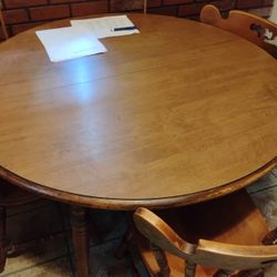 Antique Old School Oak Wood Table With Three Original Chairs To The Table 