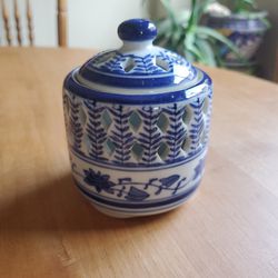 Silvestri Blue and White Lidded Votive Candleholder Potpourri Jar