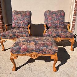 Fruit Floral Patterned Living Room Arm Chairs and One Ottoman