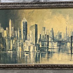 Large Mid-Century Modern Abstract NYC Cityscape – Original Oil Painting