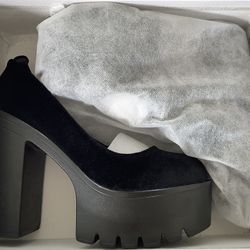 Black Platform Heels With Gold Clasp And Faux Pearl