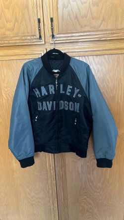 a Harley-Davidson 100th Anniversary nylon bomber jacket in black and grey sz M