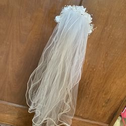 Girls Veil 1st Communion Flower Girl Veil Beautiful Dress Up White Flowers Beads 