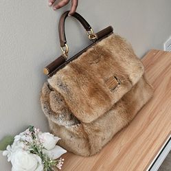 Women's Dolce & Gabbana Rabbit Fur Brown Leather High-End Luxury Satchel Handbag (LIMITED EDITION)