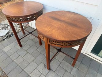 Stunning Pair of Vintage Round Wood Side Tables with Fretwork Apron
