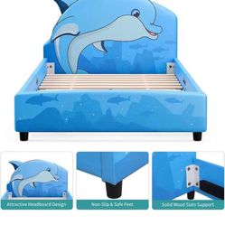  1T27 Children Toddler Bed - Twin Size Faux Leather Upholstered Platform Bed Frame with Curved Headboard / Blue Dophin Kids Bed for Boys & Girls, Teen